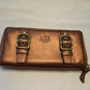 Coach Zoe Metallic Bronze Leather Zip Wallet with Buckle Details